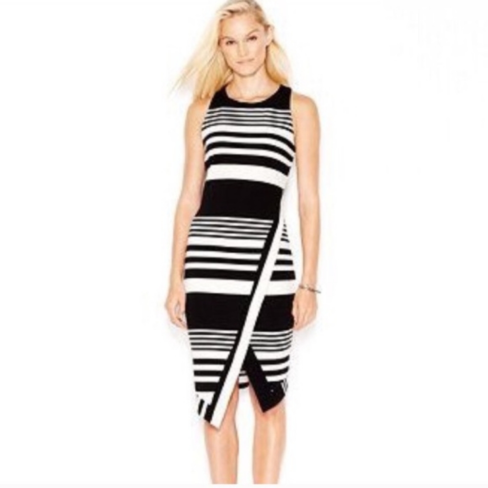 Bar III Bodycon Black and White Stripe Asymetrical Midi Dress